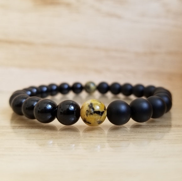 Yellow Jasper & Black Onyx Beaded Stretch Bracelet - Picture 1 of 6